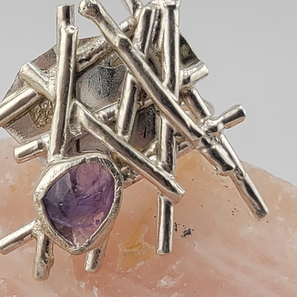 AMETHYST ABSTRACT RING HANDMADE IN STERLING SILVER METAL SIZE 8 - Picture 5 of 7